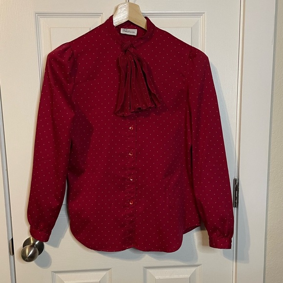 VTG Levi Strauss burgundy button down LS polyester blouse w/ dots & pleated bow - Picture 1 of 11